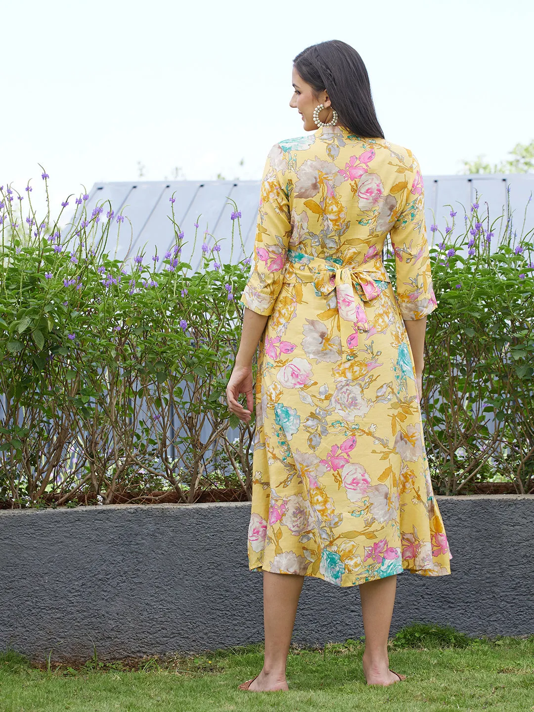 Abstract Floral Printed A-Line Midi Dress - Yellow