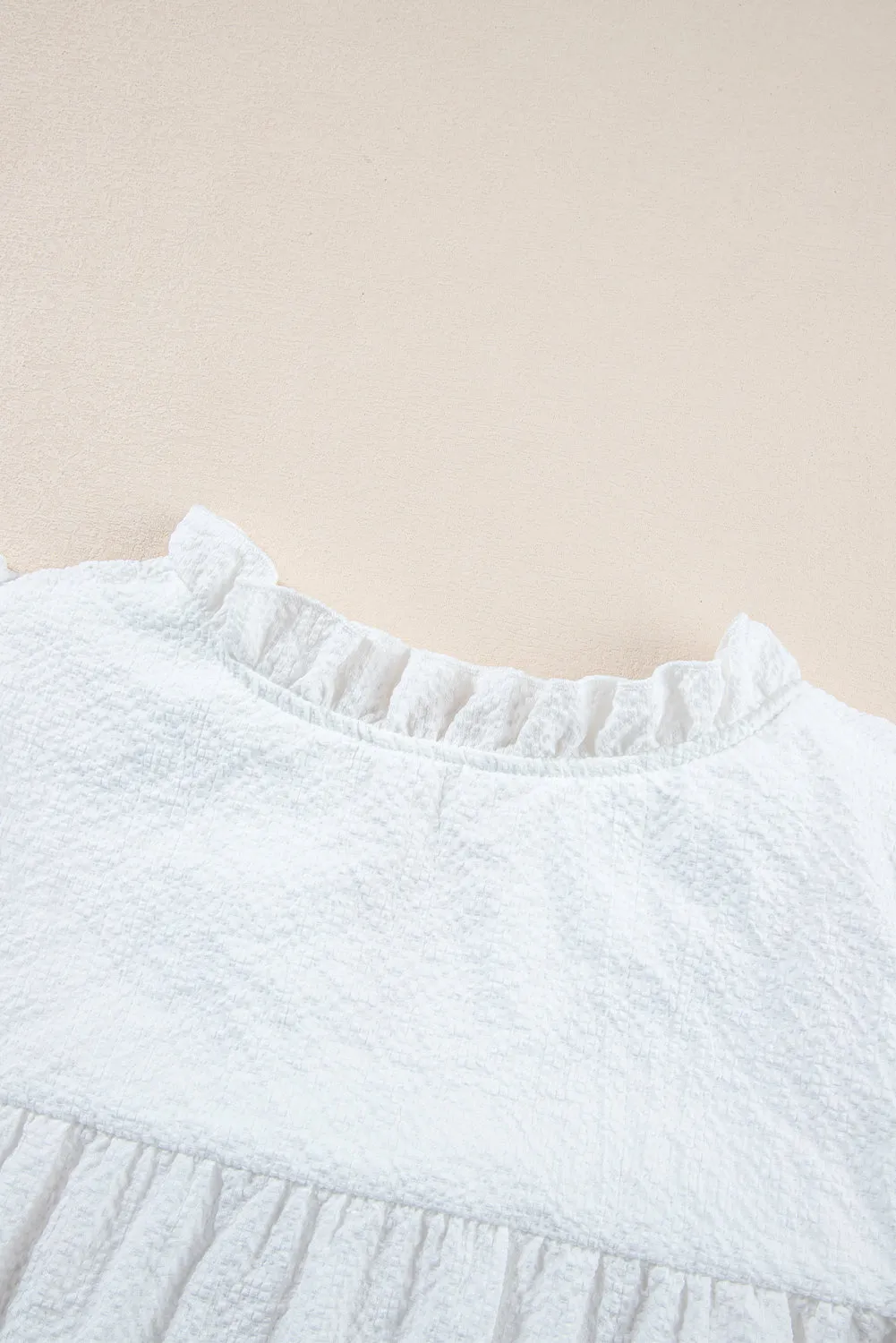 White Ruffle Accent Flutter Sleeve Notch Neck Top